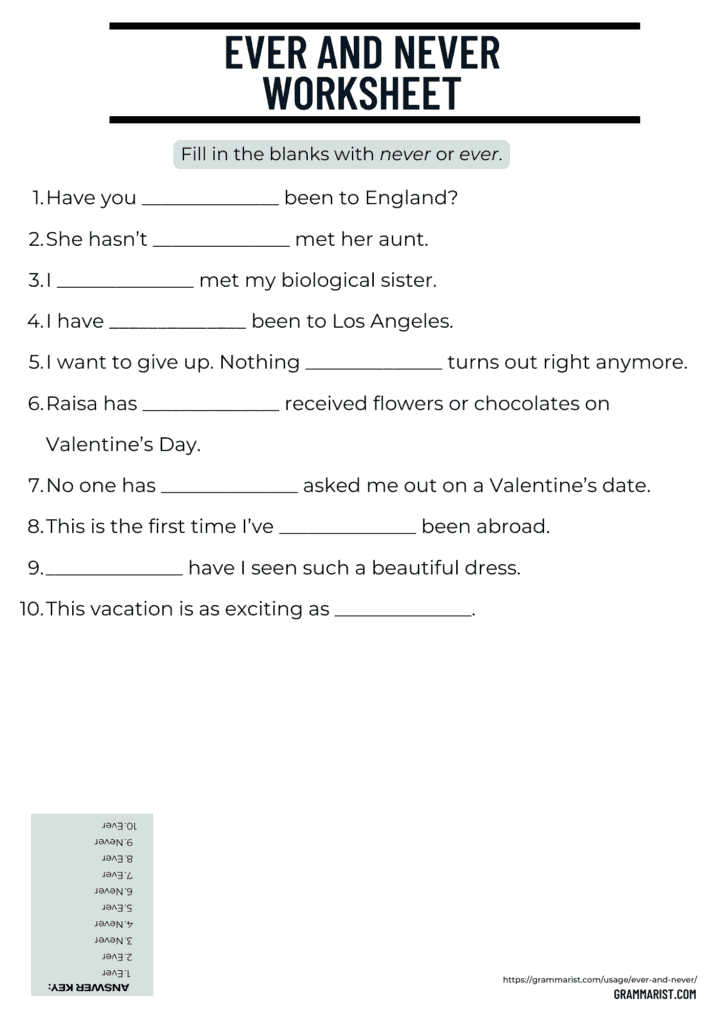 EVER AND NEVER WORKSHEET 3