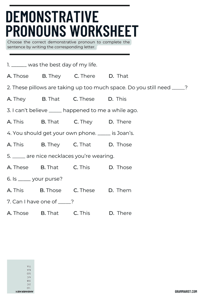 Demonstrative Pronouns Definition Examples with Worksheet 