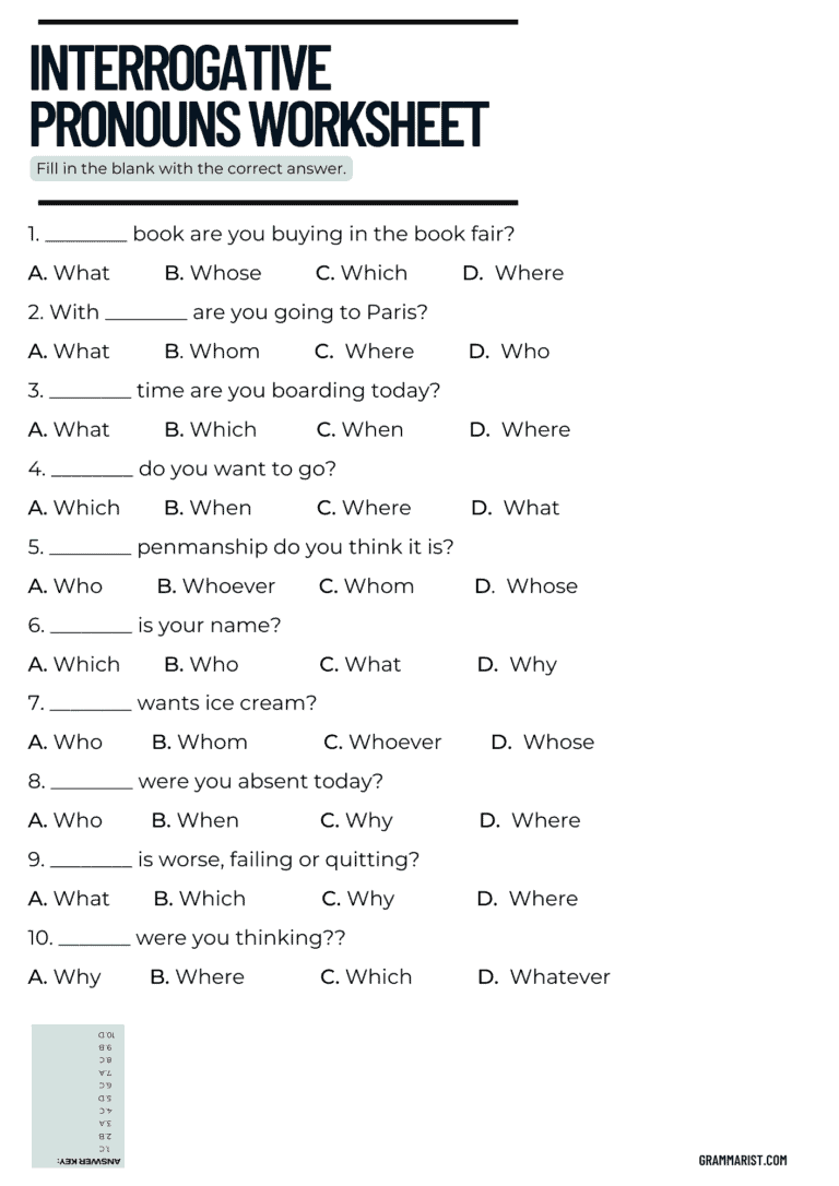 Interrogative Pronoun Worksheet For Grade 7
