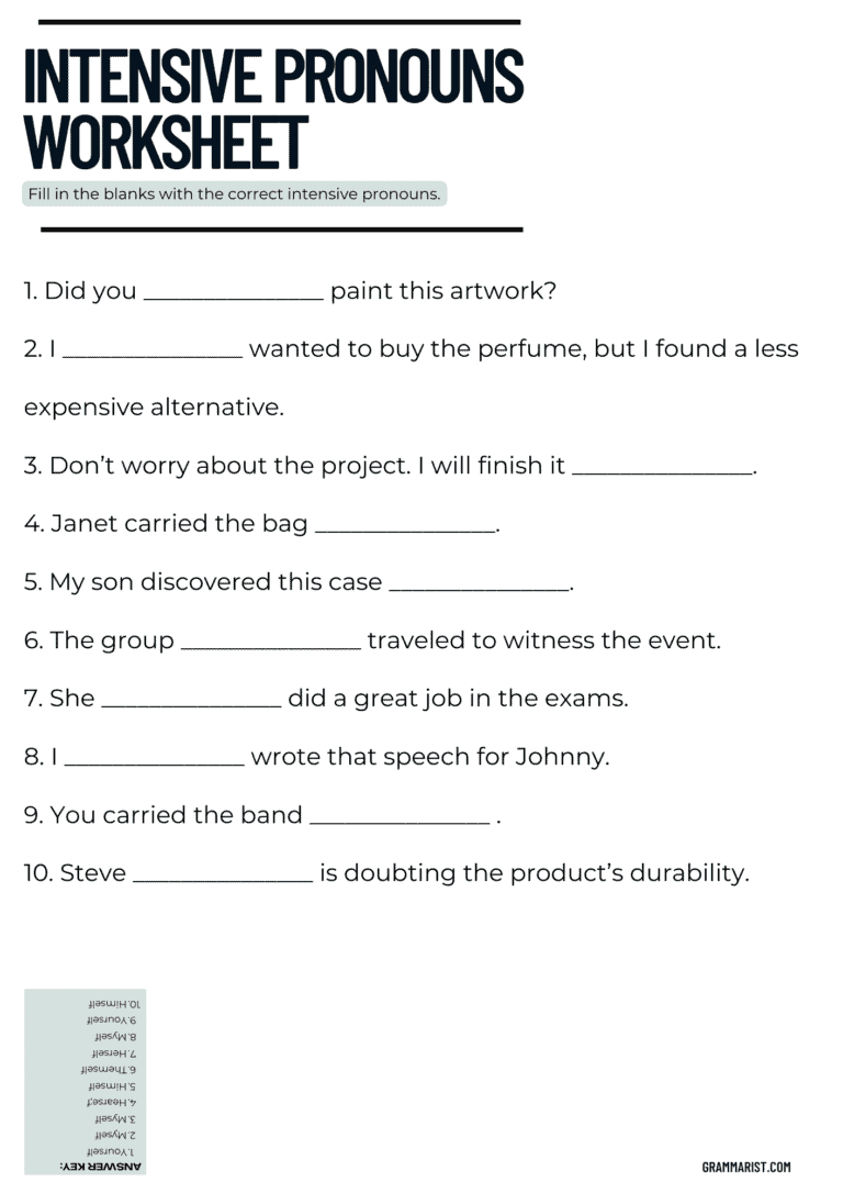 Reflexive And Intensive Pronouns Worksheets Grade 5