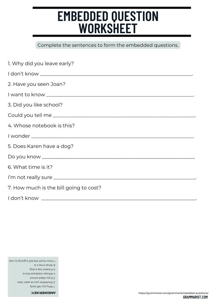 Embedded Questions Definition Examples Worksheet