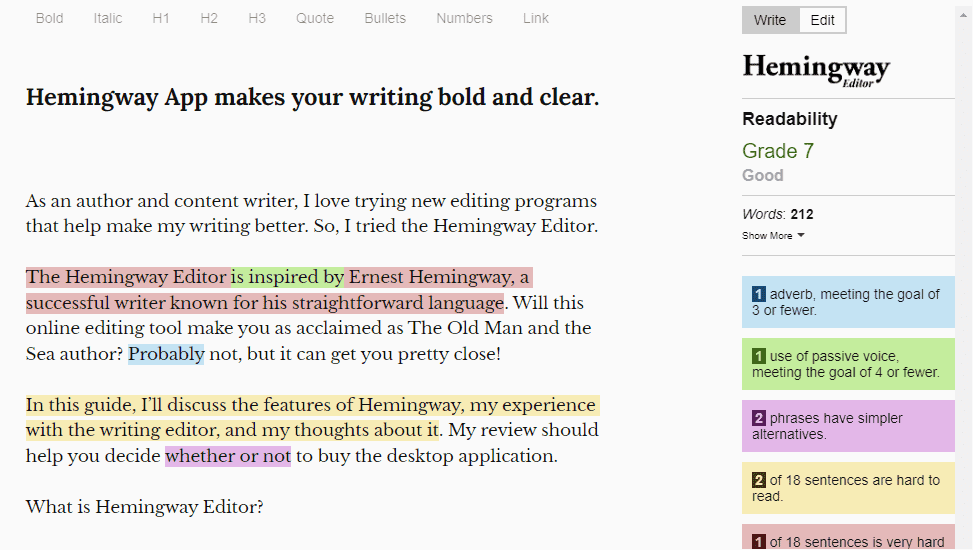 Hemingway Editing Mode 1