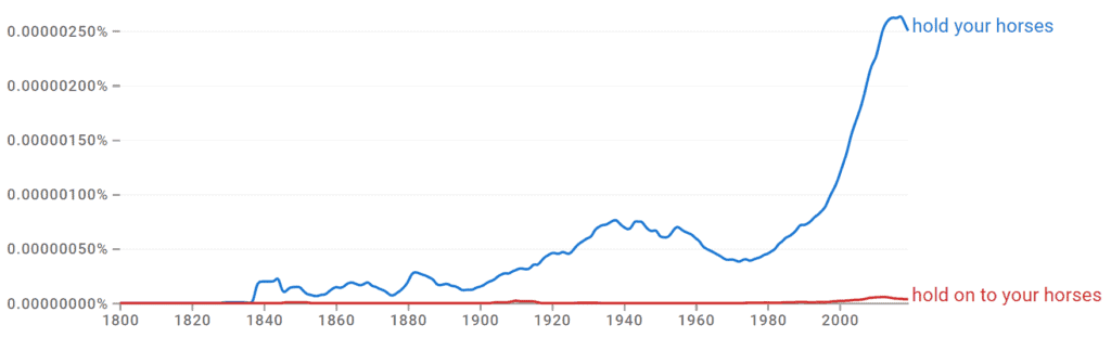 Hold Your Horses vs Hold On to Your Horses Ngram