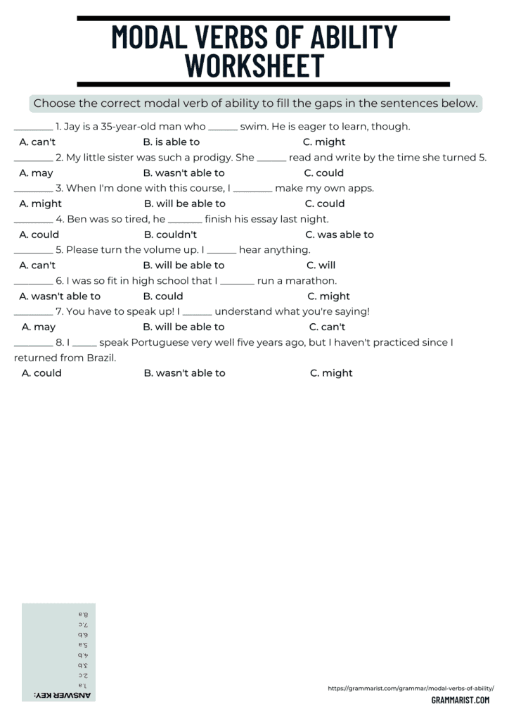 Modal Verbs of Ability Worksheet