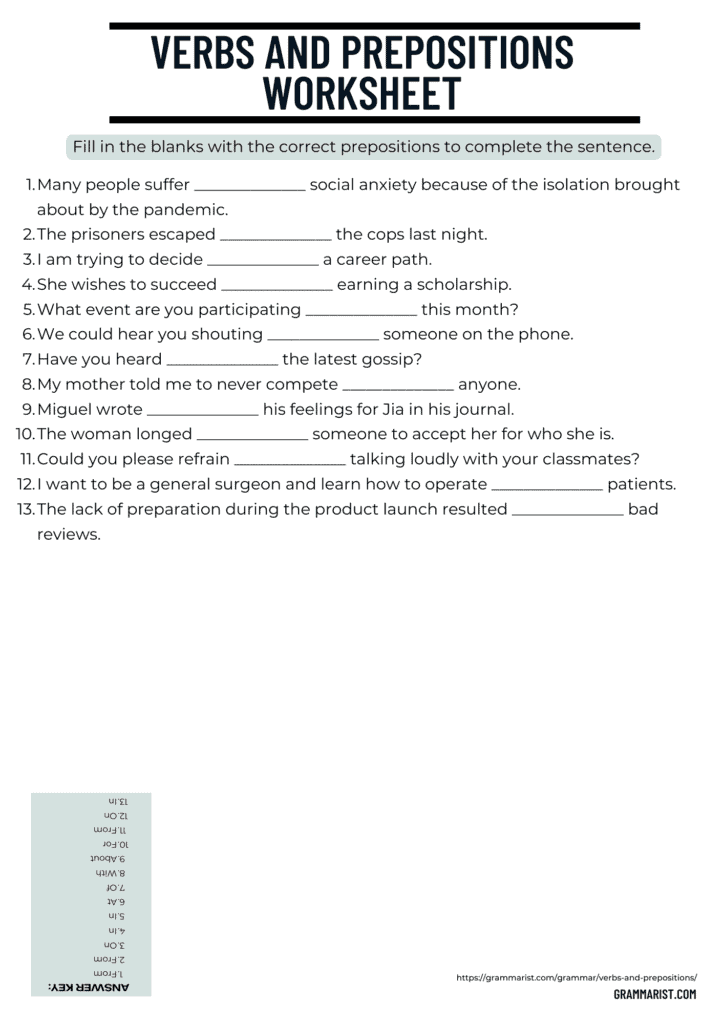 Verbs and Prepositions Worksheet