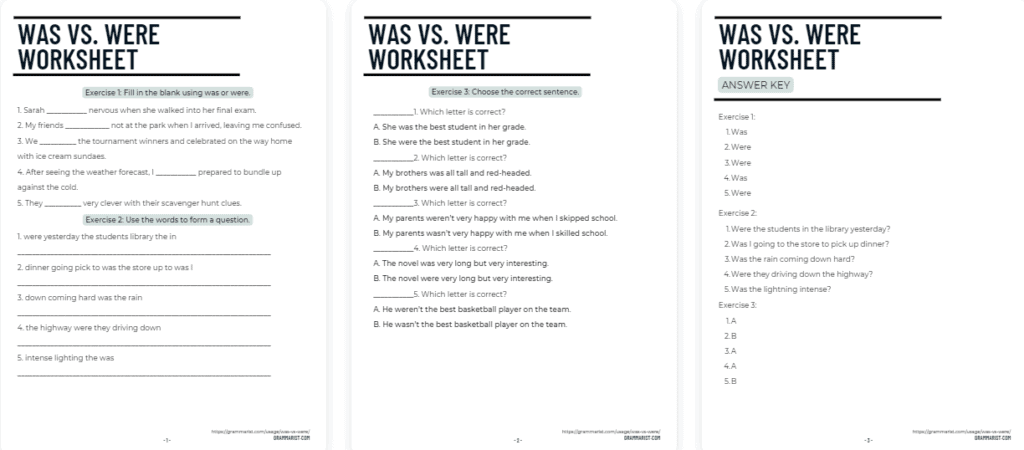 Was vs. Were Worksheet PNG