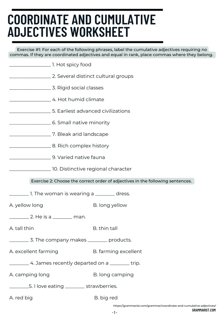 Coordinate And Cumulative Adjectives Examples Worksheet